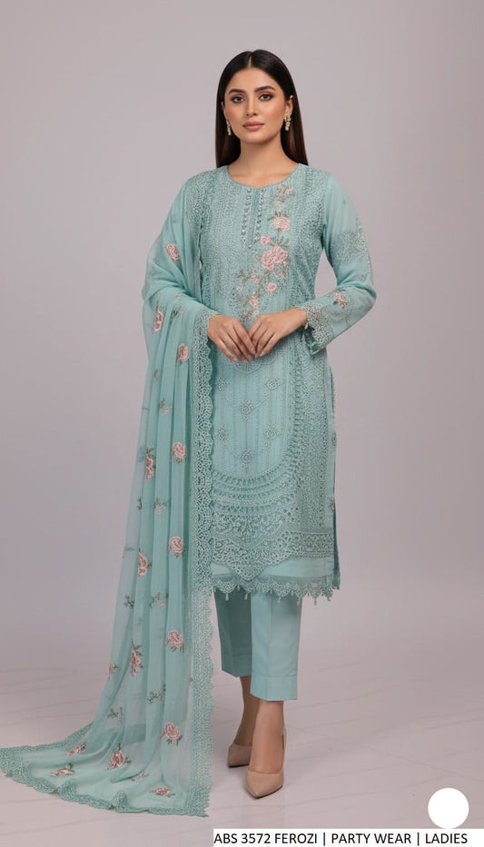 Organza straight shirt ferozi - Pakistani women's elegant formal wear with viscose trouser and organza dupatta front view