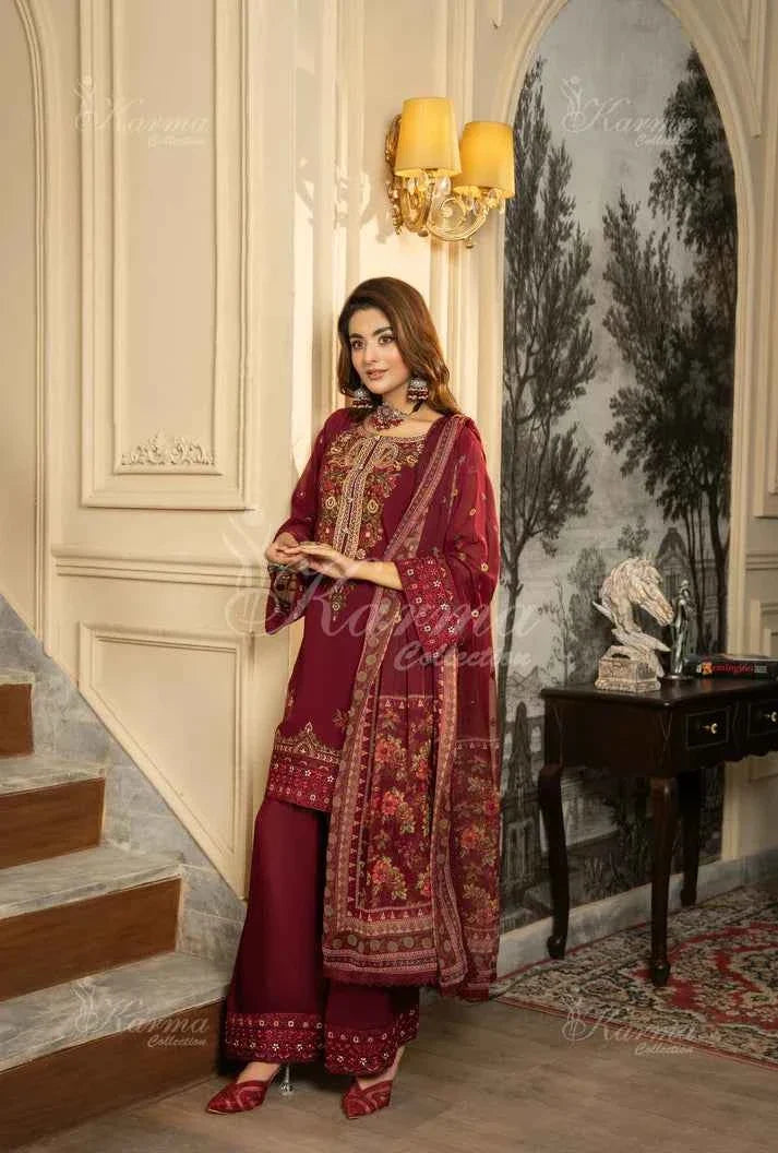 Pakistani women's maroon silk short shirt farshi shalwar detail view