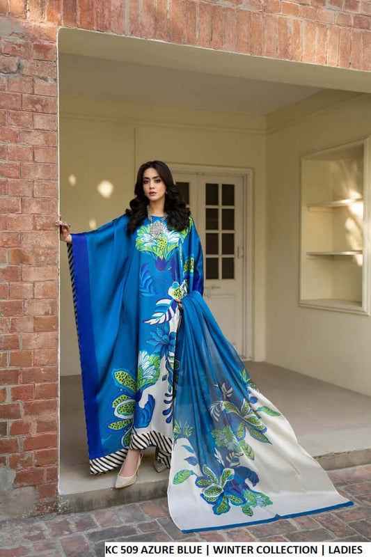 Silk long kaftan plazo azure blue - Pakistani women's luxury formal wear with matching silk dupatta front view