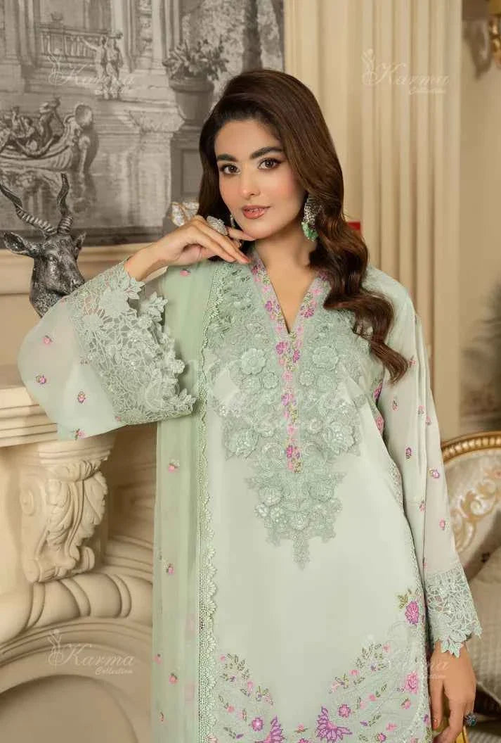 Pakistani women's light green silk short shirt farshi shalwar full view
