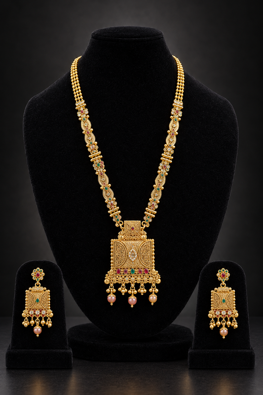 JW195 – Gold-Tone Traditional Necklace Set with Multicolour Accents
