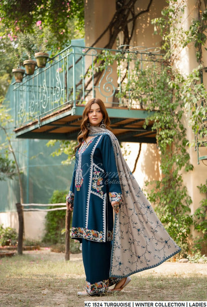 Turquoise silk Pakistani women's short shirt side view