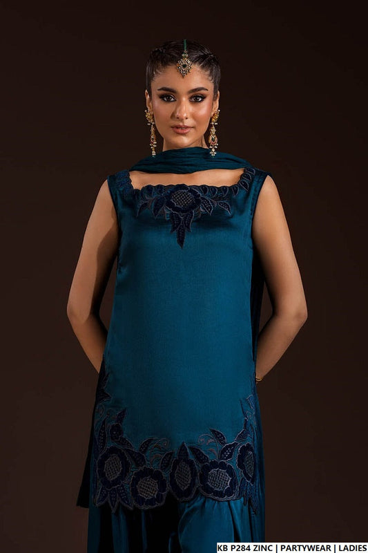 Zinc grey hand embroidered Pakistani women's luxury suit side view
