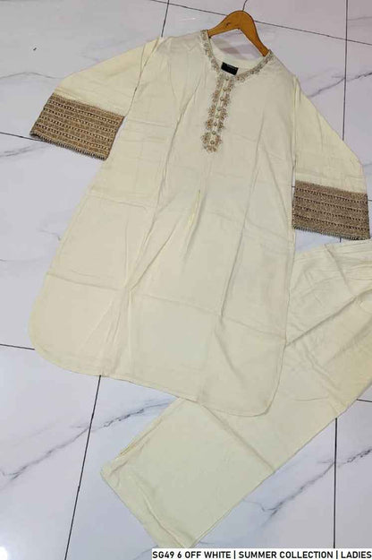 Pakistani women's off white lawn A-Line casual outfit back view