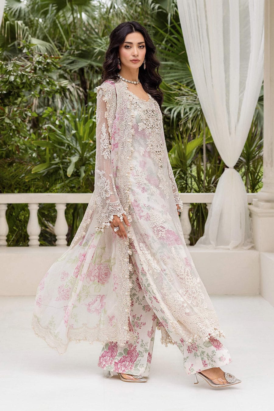 Pink white organza Pakistani women's A-Line shirt side view