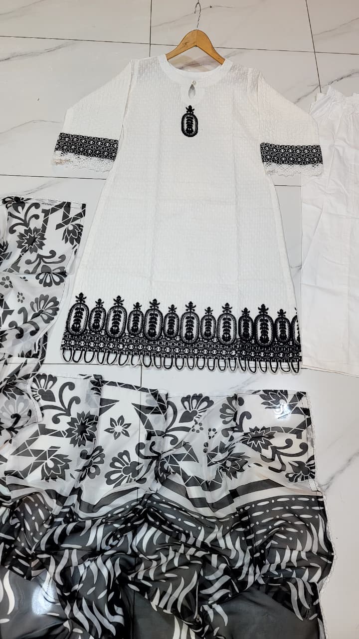 Pakistani women's white lawn A-Line casual outfit back view