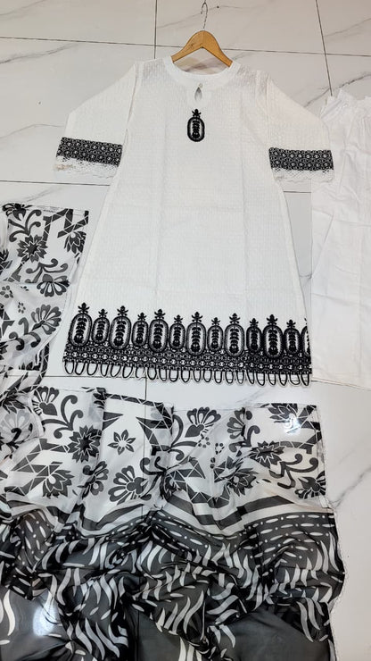 Pakistani women's white lawn A-Line casual outfit back view