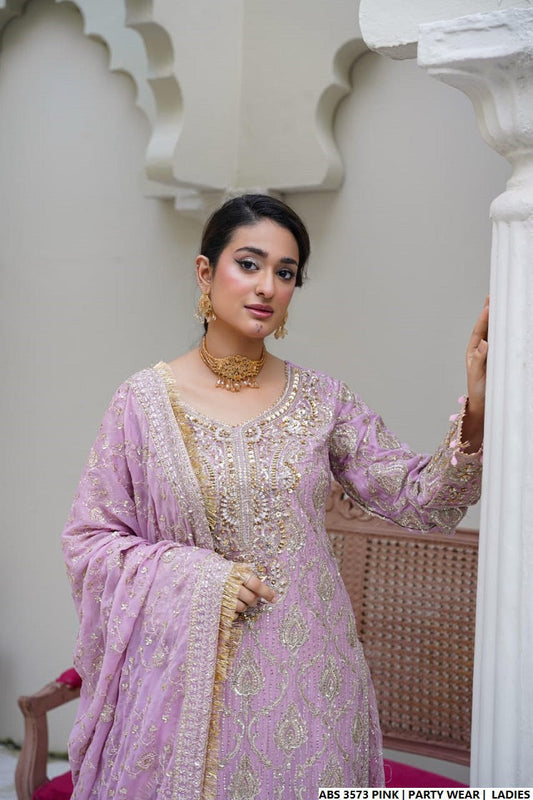 Organza straight shirt pink - Pakistani women's elegant formal wear with viscose trouser and organza dupatta front view