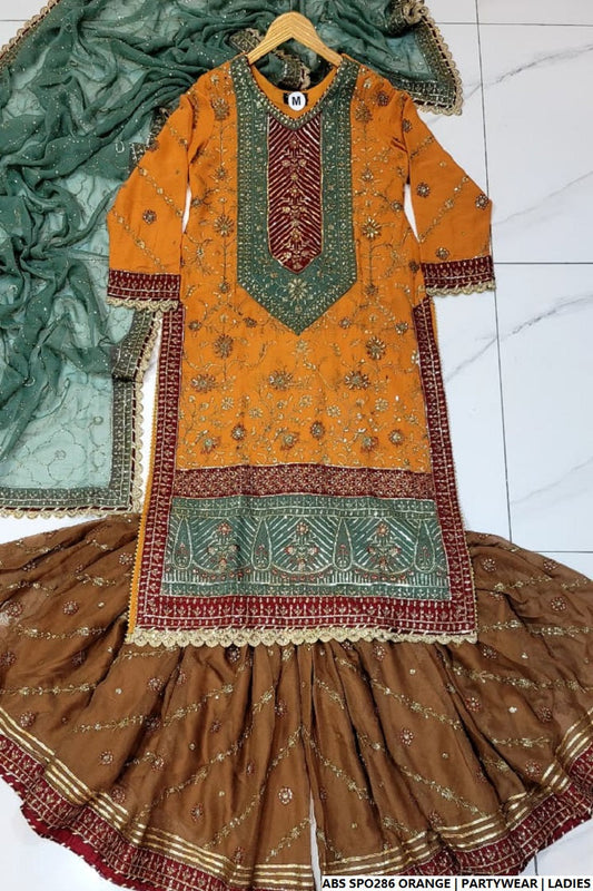 Chiffon straight shirt plazo orange - Pakistani women's party wear with viscose plazo and chiffon dupatta front view