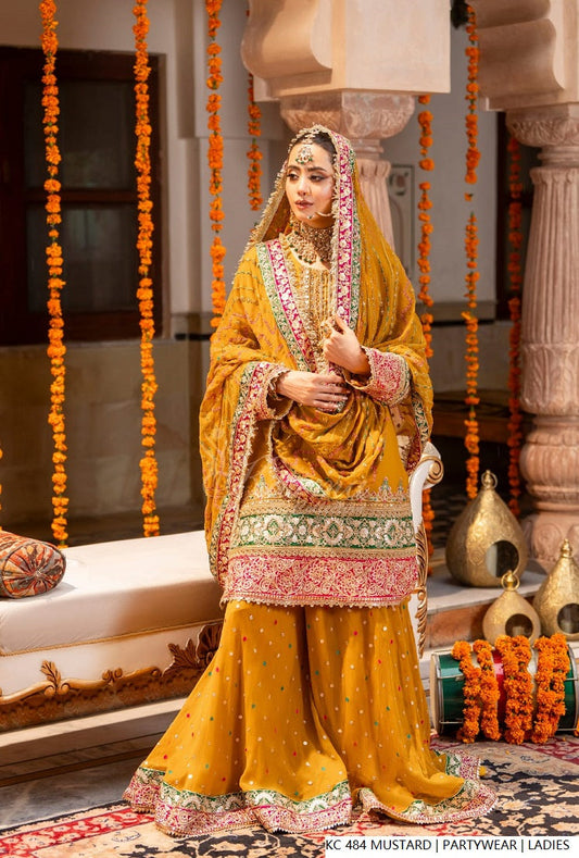 Silk long kaftan plazo mustard yellow - Pakistani women's luxury formal wear with silk dupatta front view