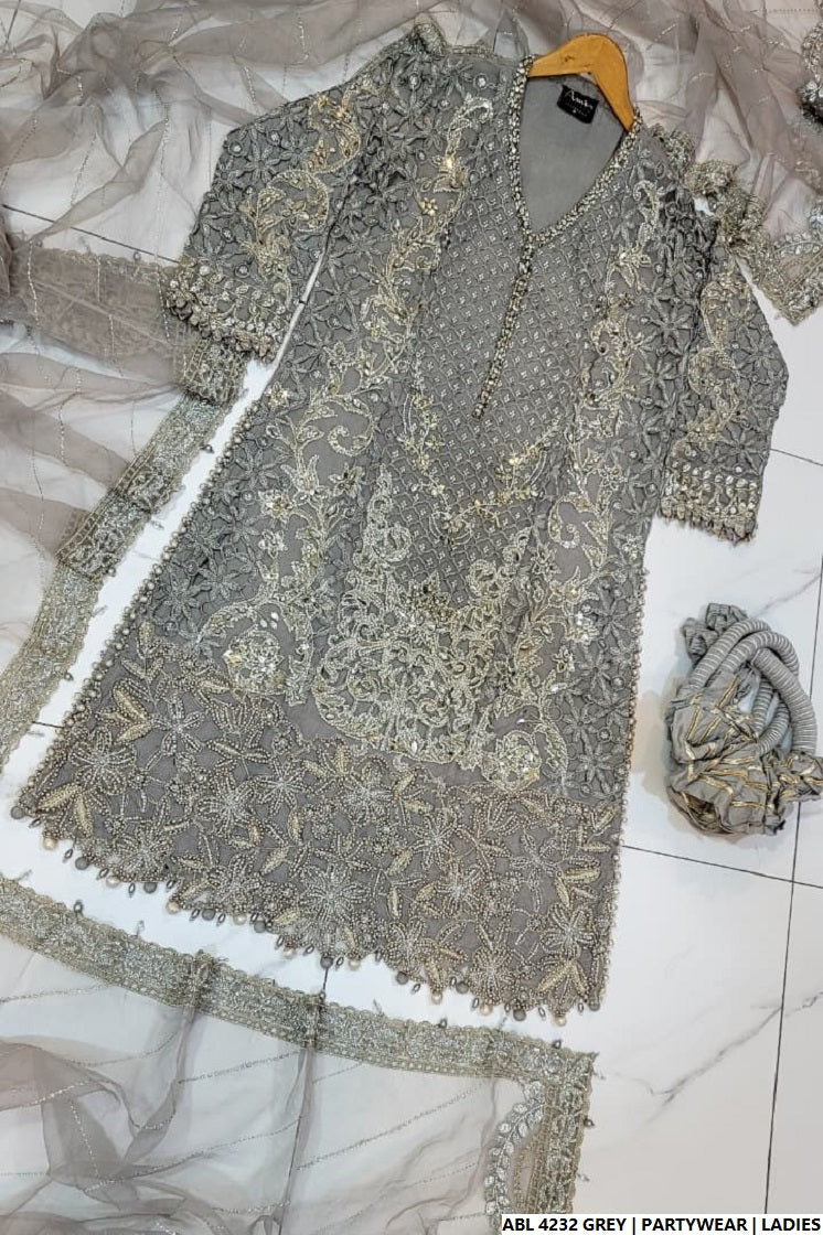 Pakistani women's grey organza A-Line shirt back view