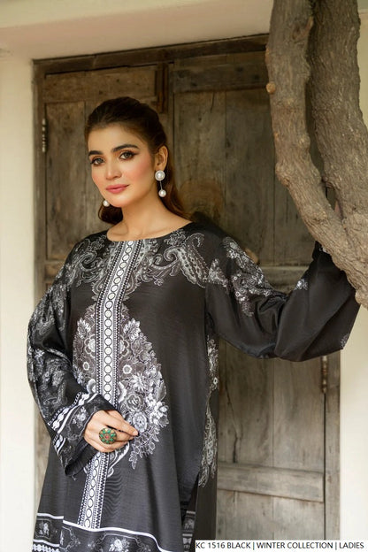 Black silk Pakistani women's 2-piece formal suit side view
