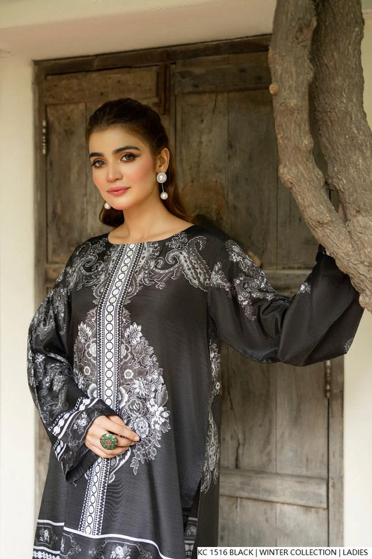 Black silk Pakistani women's 2-piece formal suit side view