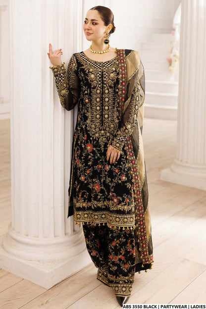 Organza straight shirt black - Pakistani women's elegant formal wear with viscose trouser and organza dupatta front view