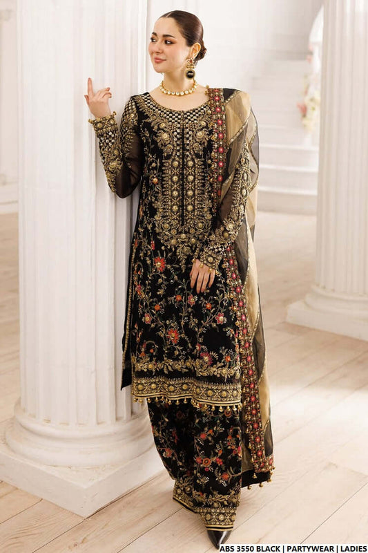 Organza straight shirt black - Pakistani women's elegant formal wear with viscose trouser and organza dupatta front view