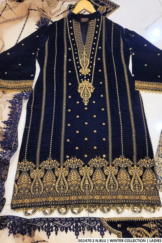 Velvet straight shirt SG1470 2 N.BLU - Pakistani women's formal wear with jamawar trouser front view