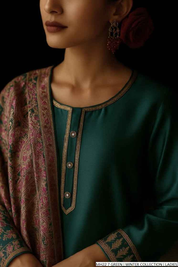 Green khaddar Pakistani women's straight shirt side view