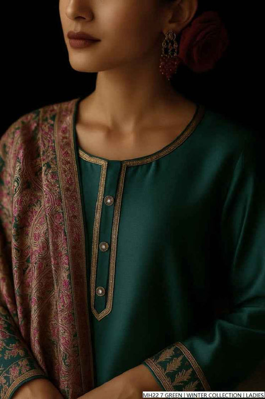 Green khaddar Pakistani women's straight shirt side view