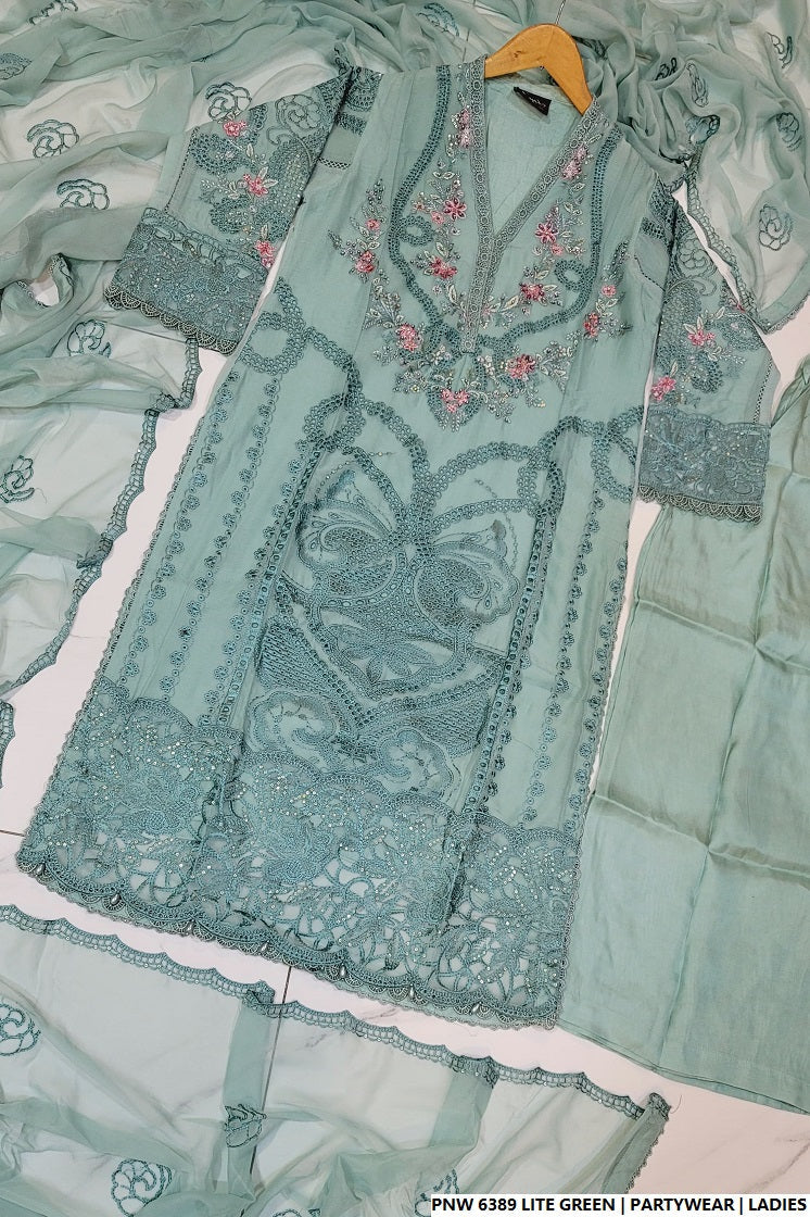 Pakistani women's light green chiffon straight shirt plazo back view
