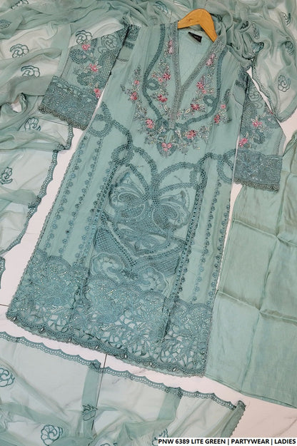 Pakistani women's light green chiffon straight shirt plazo back view