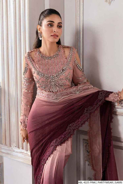 Pink Maria B Pakistani women's printed saree side view