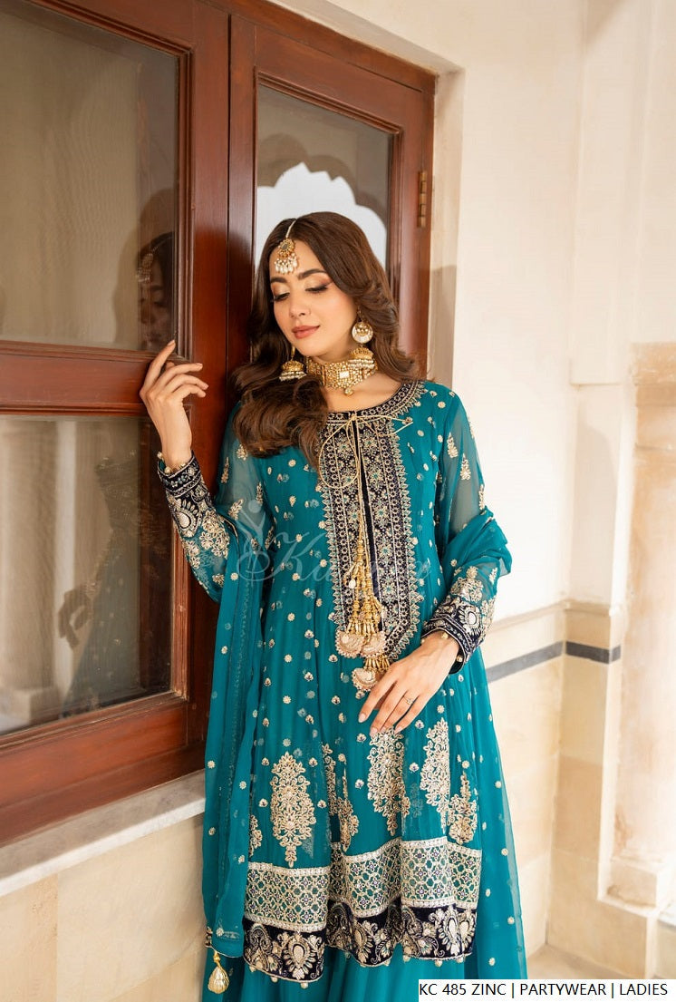 Pakistani women's zinc grey silk long kaftan plazo detail view