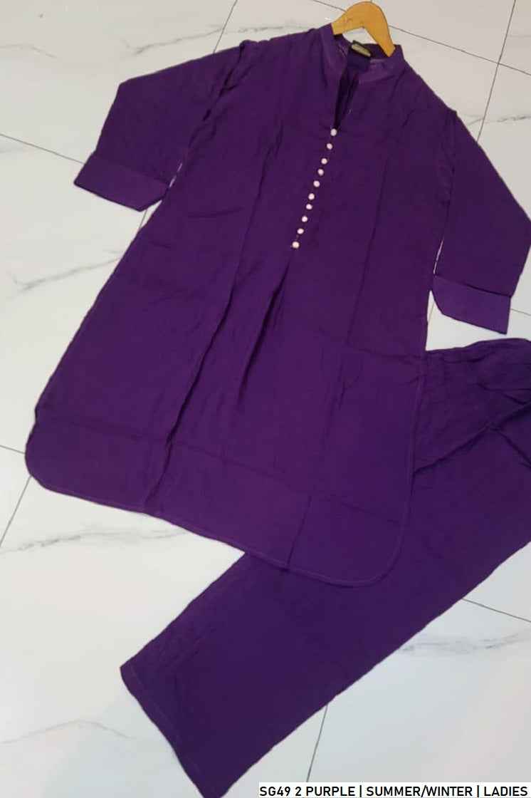 Pakistani women's purple lawn A-Line casual outfit back view