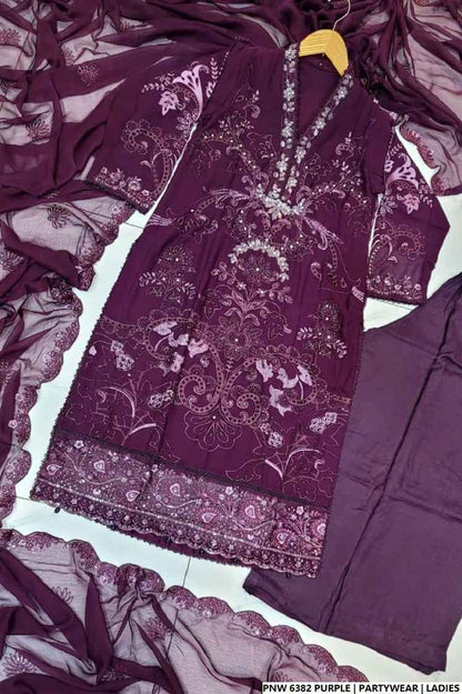 Pakistani women's purple chiffon straight shirt plazo back view