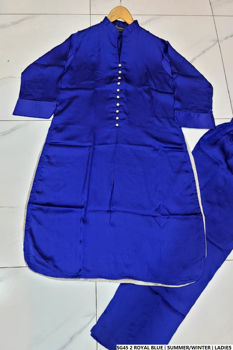 Royal blue silk Pakistani women's A-Line shirt side view