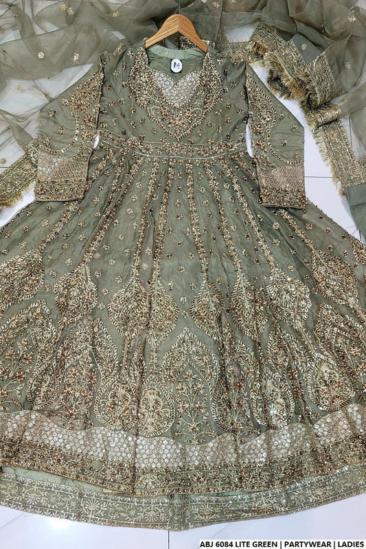Light green chiffon Pakistani women's short frock side view