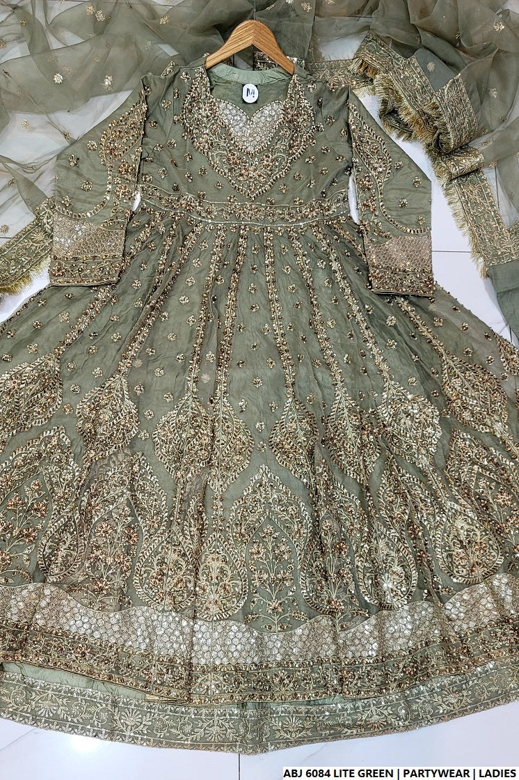 Chiffon short frock light green - Pakistani women's elegant casual party wear with chiffon dupatta front view