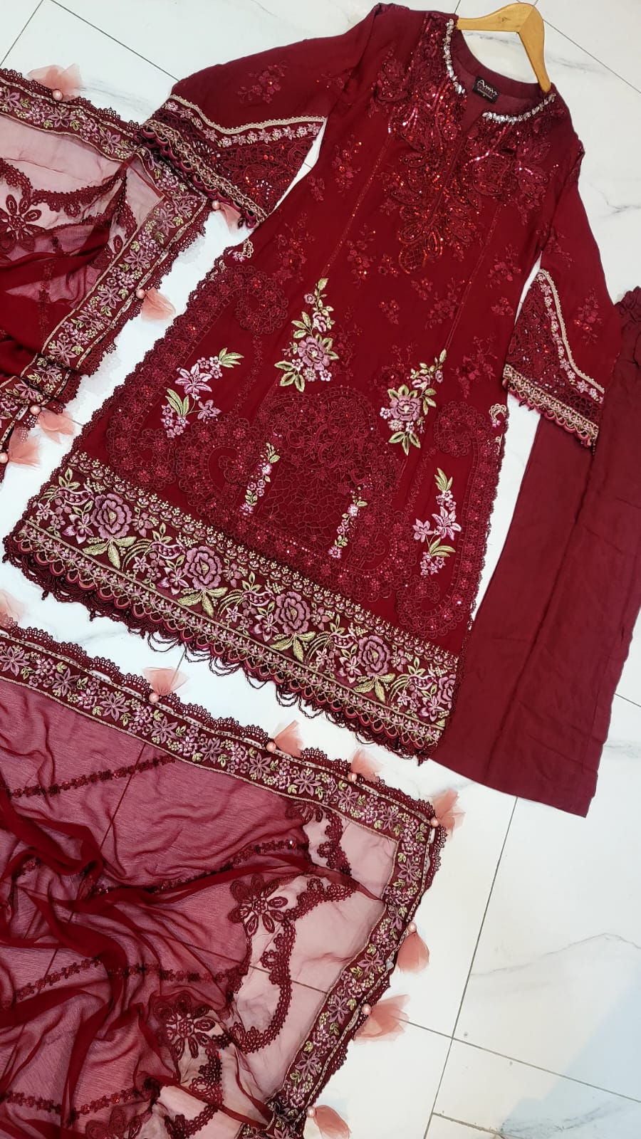 Pakistani women's maroon organza A-Line shirt back view