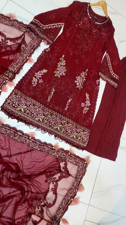 Pakistani women's maroon organza A-Line shirt back view