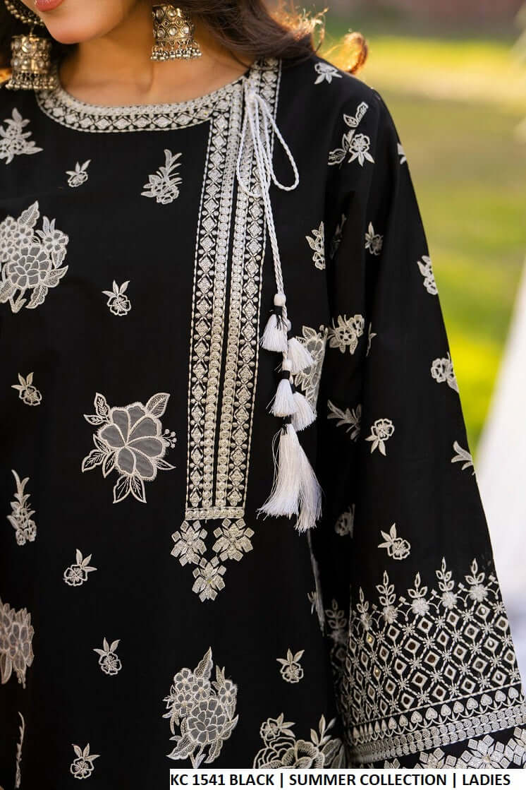 Pakistani women's black cotton 3D floral chikankari outfit full view