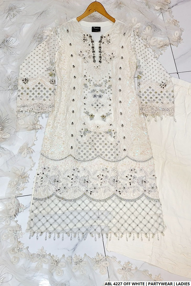 Pakistani women's off white organza A-Line shirt full view