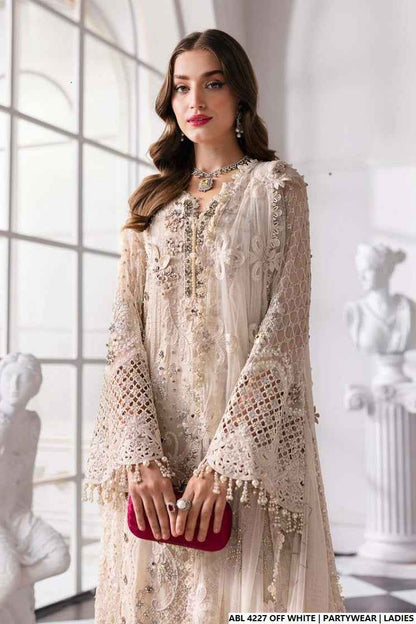 Organza A-Line shirt off white - Pakistani women's elegant formal wear with viscose trouser and organza dupatta front view