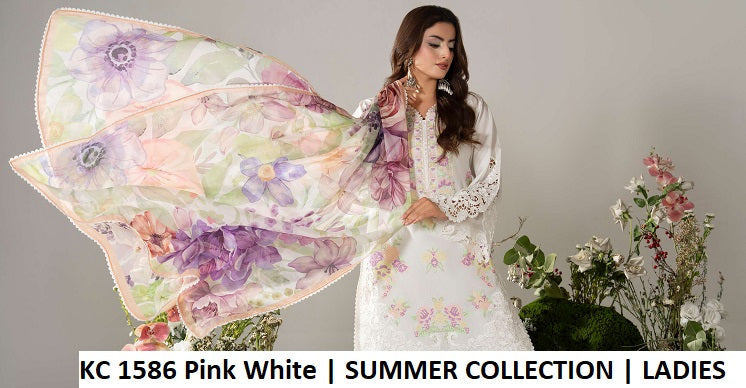 KC Ayra 1586 PINK WHITE - Pink Embroidered 3-Piece Ready to Wear Women's Pakistani Suit