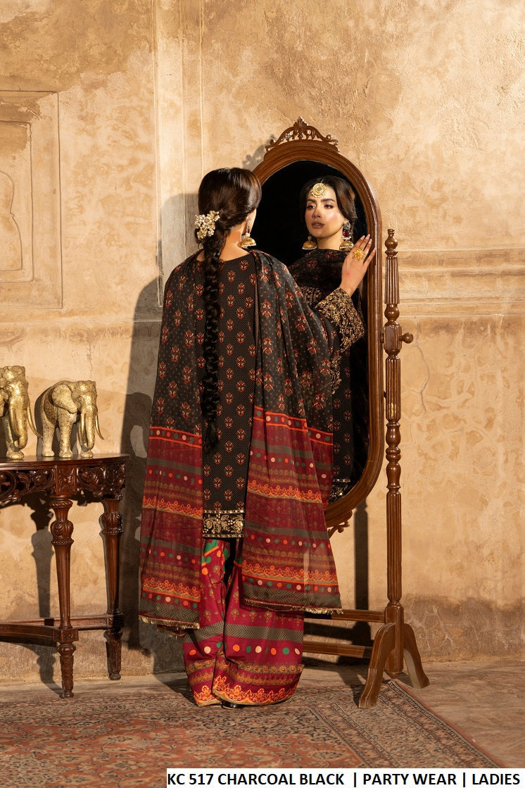 Pakistani women's charcoal black embroidered farshi shalwar outfit detail view