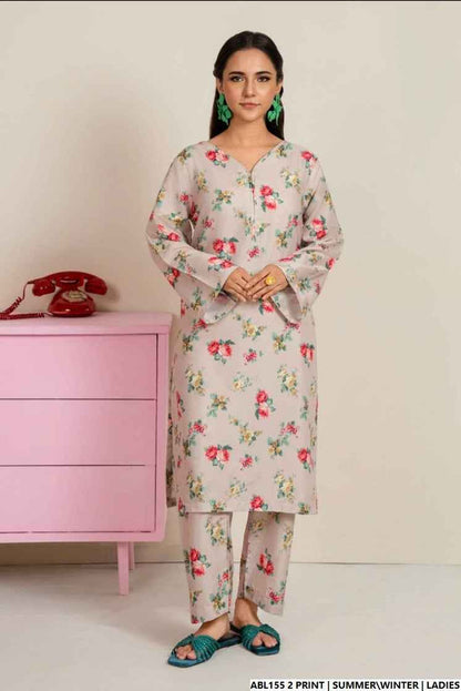 Lawn 2-piece printed - Pakistani women's casual summer outfit with cotton trouser and lawn dupatta front view