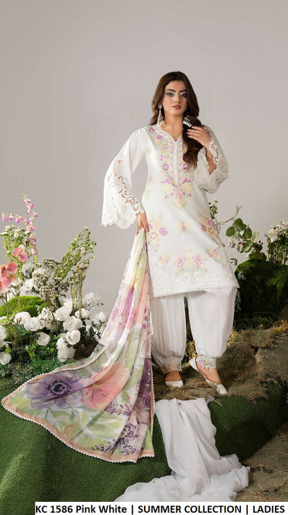 KC Ayra 1586 PINK WHITE - Pink Embroidered 3-Piece Ready to Wear Women's Pakistani Suit