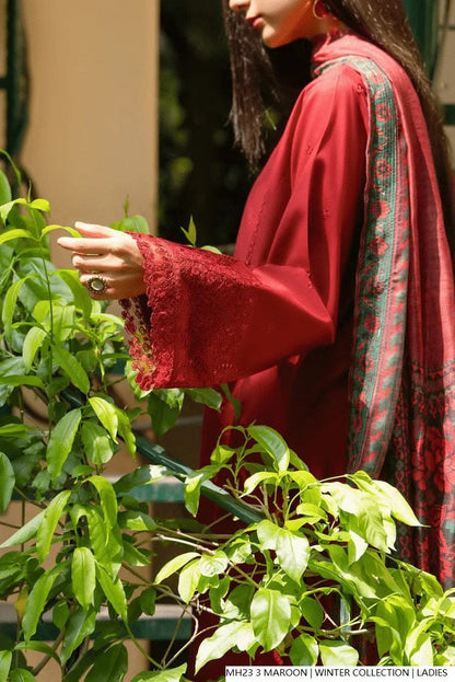 Pakistani women's maroon khaddar straight shirt detail view