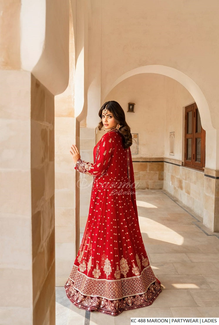 Pakistani women's maroon silk long kaftan plazo back view