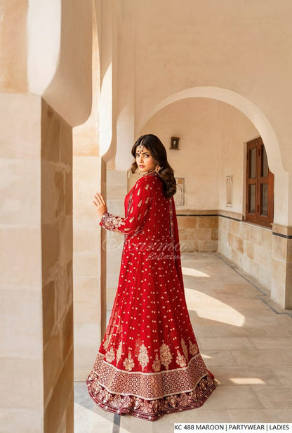 Pakistani women's maroon silk long kaftan plazo back view