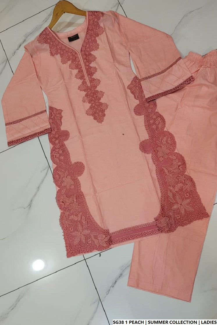Pakistani women's peach lawn A-Line casual outfit back view