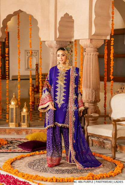 Pakistani women's purple silk long kaftan plazo full view