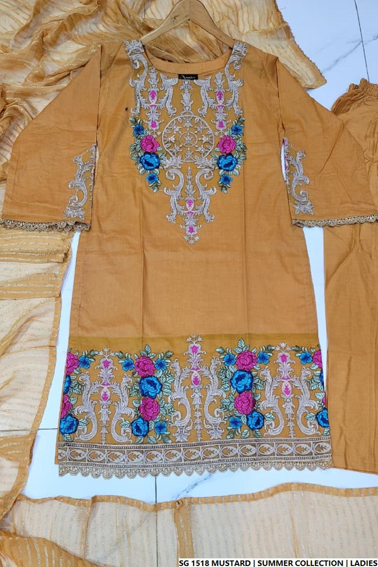 Pakistani women's mustard yellow lawn A-Line casual outfit back view