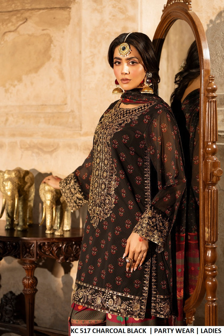 Pakistani women's charcoal black embroidered short shirt farshi shalwar back view