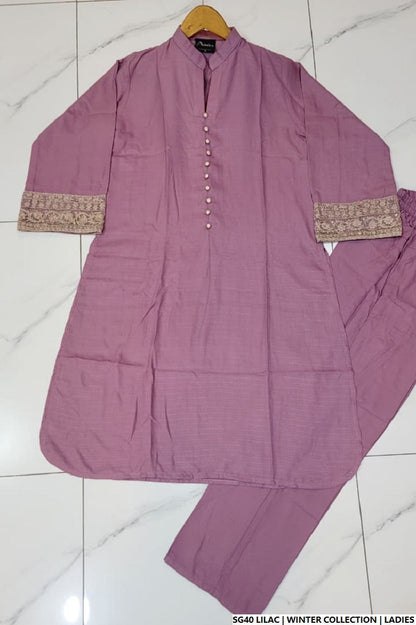 Lawn A-Line shirt lilac - Pakistani women's casual summer outfit with cotton trouser and lawn dupatta front view
