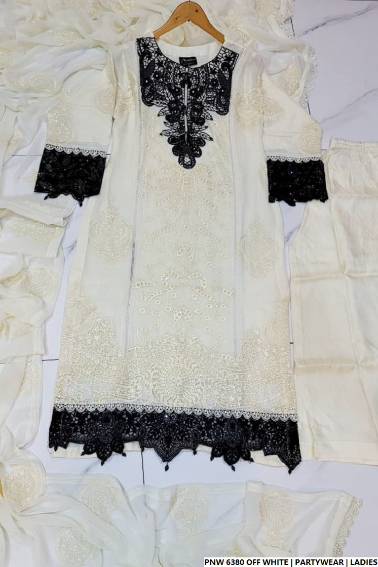 Pakistani women's off white chiffon straight shirt plazo detail view