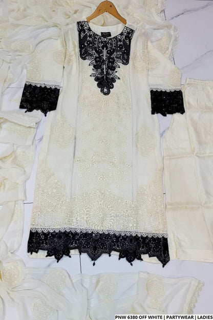 Pakistani women's off white chiffon straight shirt plazo detail view
